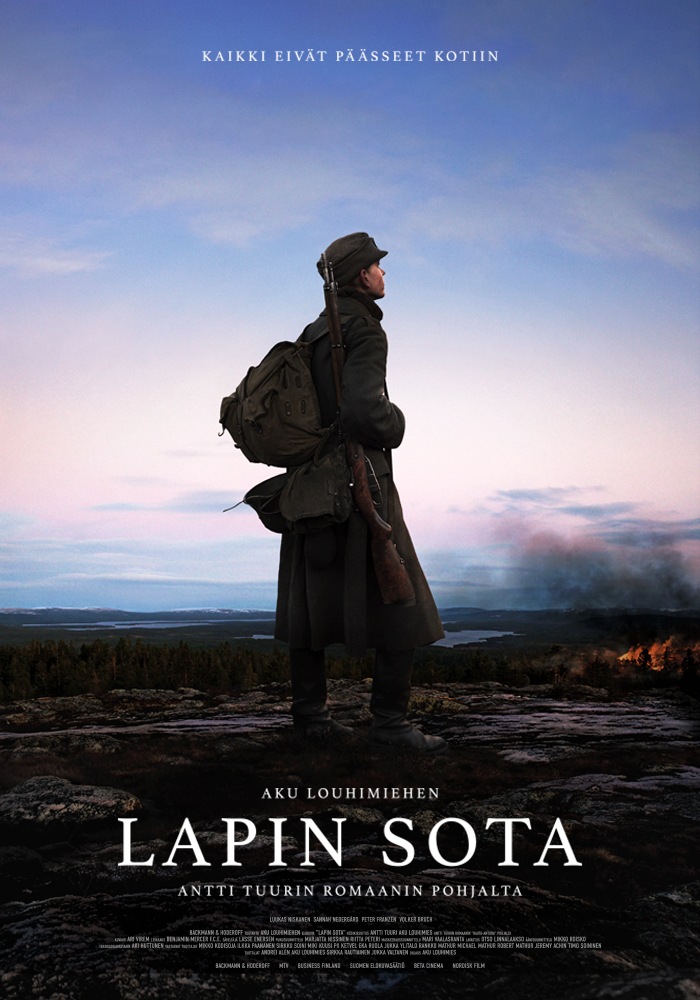 Lapin sota elokuvateattereissa 23.10.2026, ohjaus Aku Louhimies, pääosissa Peter Franzén, Sannah Nedergård ja Volker Bruch. Backman & Hodeforff.